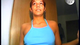 Brunette teen with small tits sucking dick and getting cum on tits