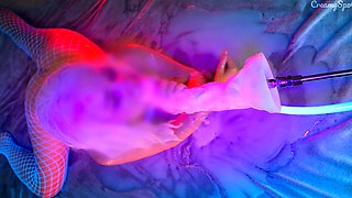 Hot Blonde In White Stockings Moans In a Puddle Of Cum