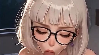 Nerdy AI girl with white hair gives an amazing titjob, close-up blowjob, missionary position, and cum in her mouth