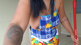 Hotwife Cleaning the Yard in Just an Apron and Slutty Panties