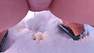 Busty Redhead MILF Femdom: Naked Snow Pissing & Making Guy Eat Yellow Snow - Lesbian HD