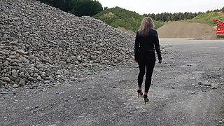 Grandma Is Walking Around a Gravel Pit in Tight Leggings and High Heels!