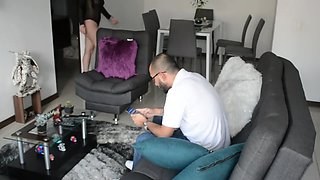 Pale Latina Brunette Rides Rough, Doggy Style with Bald Boyfriend