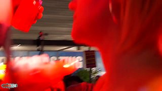 2 stripers having sex with a strapon in public - MMM100