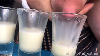Filling Three Glasses with Fresh Breast Milk From My Full Breasts