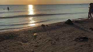 Hot Bitch Pee on Public Sand Beach