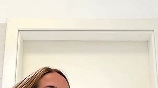 Beautiful Yoga Teacher Hot Blonde in a Half Transparent Mini Dress Goes Full Naked in the Bathroom