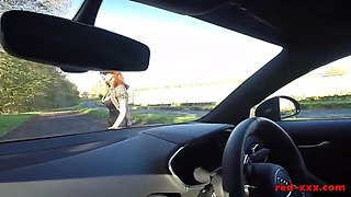 British mature Red fingers her cunt in the car again