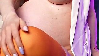 Pregnant Orgasm! Nylon Stockings and Cool Dildo