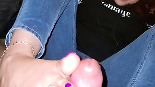 Brunette enjoys foot fetish outdoor