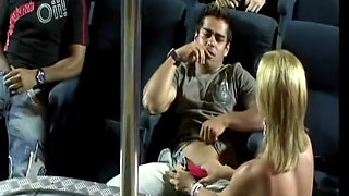 Gorgeous white blonde babe  with red garter belt takes a dick in all her holes