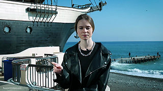 Young Russian Woman Smoking Cigarette Outdoor Terrace