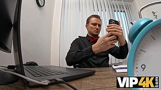 Vip4k. stellar 18-year-old brunette gets screwed hard in the office to secure a loan