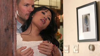 Asian goddess Phoebe Kalib gets her perfect shaved pussy feasted on by Codey Steele in HD