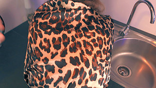 Kitchen Anal Ass to Mouth - Latina MILF in Leopard Robe Gets Fucked Hard by Skinny Stepson & Cum in Coffee