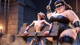 Fat Dominatrix Whips Slaves Caged Penis - Extreme Humiliation