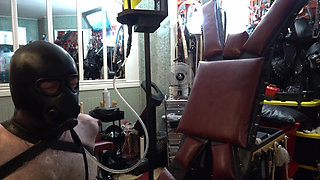 Riding a Dildo in the Leather Arm Binder with Electro CBT Spikes and Piss Funnel Gag