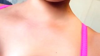 Hot babe with perfect big boobs taking shower