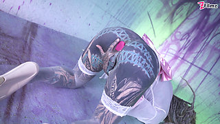 Tattood Girl with Glasses and Buttplug Fucks a Tattooed Dick, DP, Facial