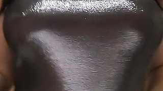 Ripped Shiny Nylon Jumpsuit in the Bathroom. Cum Cleanup, Dirty Dancing and Pee Play