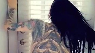 Busty curly brunette with big boobs fucks on couch
