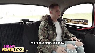 blonde in leather jacket lingerie gives handjob in Fake Taxi