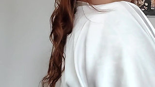 Casting. Smoking Busty Secretary Candidate Does a Striptease and Pees on the Floor.