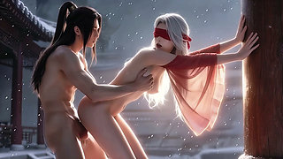A Chinese classical beauty with skin as white as snow, dressed in red and with white hair. Blowjob, cum,episode-1, AI-generated