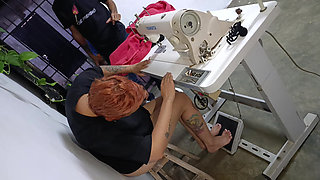 While I Pump the Pedal of My Cooking Machine in Panties This Man Looks at Me and Repairs the Machine