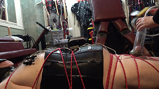 Penis Pump with Tied Balls & E-stim CBT on The Coffin Bondage Board