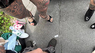 Two Horny Leather Tattoo Sluts Fuck Truck Driver at the Rest Area!