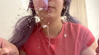 Silly Face Fetish and Squirting Milk Onto a Glass Table