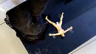 Mini Man Held and Milked in Bondage - Tiny Cock Sucked, Taped to Glass Table, Handjob, Giantess Mael