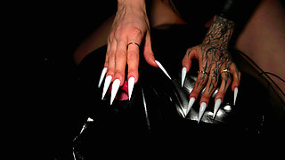 Femdom Mistress Long Nails Makes Her Caged Slave Lick Her New White Nails And Spits In His Mouth