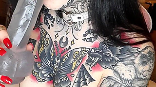Hot Tattooed Goth Maid Fucks Dildo Hard