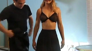 Blonde babe gets tits pegged while blind folded