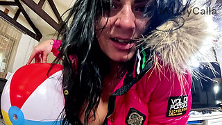Glossy Pink Downjacket MILF Beach Ball Fetish. Deepthroat, Doggy and Triple Cum