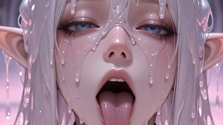 White haired elf in slime, kissing and licking