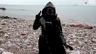 Gas Mask Goddess - Rubber Wetsuit & Pvc Mac Beach Tease