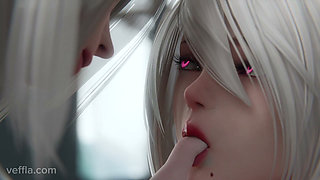 A2 and 2B Nier Automata 4K Threesome - White-Haired Androids Get Fucked Hard