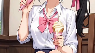 Hentai 2026!  Student licks ice cream in a park, her dripping all over the place