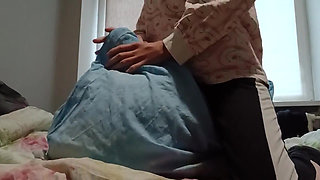 Super Skinny Girl Rubs Her Pussy on a Pillow and Cums Quickly so Her Parents Don't Catch Her