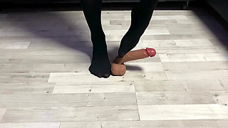 Sexy Dominatrix in Nylon Pantyhose Is Trampling Your Cock