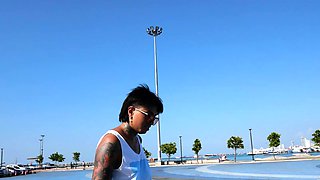 Thai skater teen relaxing on a big cock