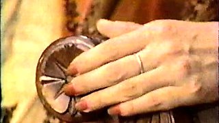 Sexy babe in vintage dress cleans cock off