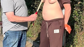 Tits Play with Clamps and Weights, Outdoor Bondage for Tits and Ass Caning