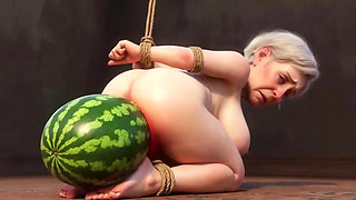 Old Granny Bound with Huge Watermelon in Ass - Hurt & Orgasm