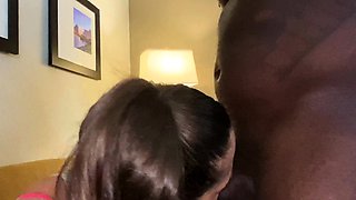 Interracial blowjob for brunette sucking big black cock