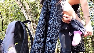 Outdoor BDSM Solo in Black Dress with Nipple Clamps and Butt