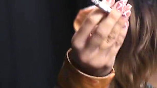 Sweet Russian Blonde Smoking in Colorful Blouse